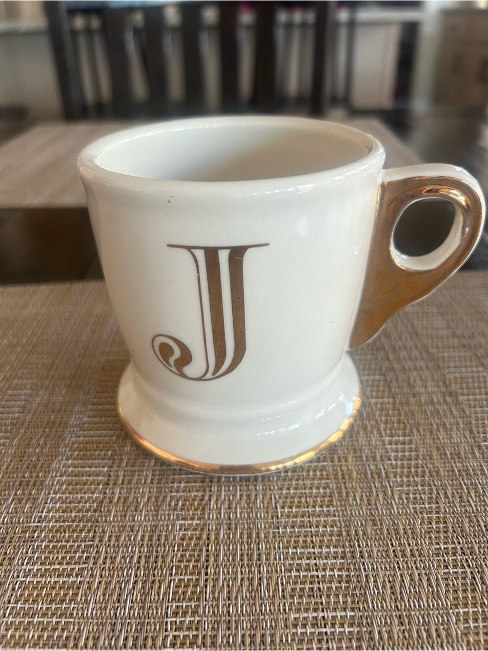 Monogram J White Porcelain Mug with Gold Trim